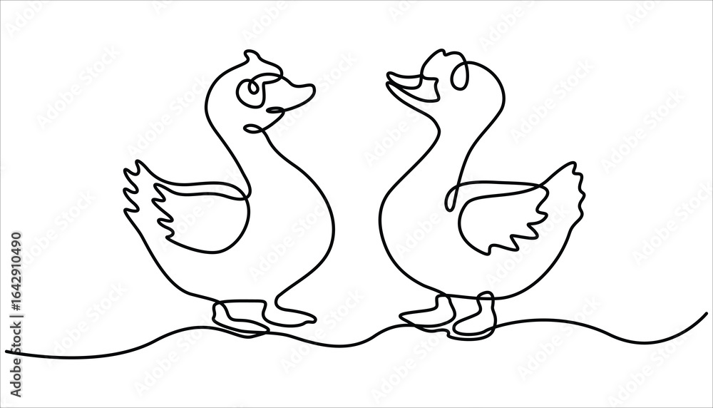 Fototapeta premium Domestic goose continuous one line drawing, Duck in continuous line art drawing style. One line Duck and ducklings. Continuous line drawing. Isolated sketch on white background. Vector illustration.