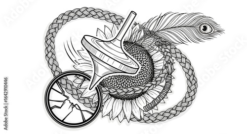 A monochrome vector collage of a spinning top, sunflower, braided rope, and a shattered lens.