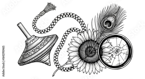 Engraved vector collage of a spinning top, sunflower, peacock feather, and shattered glass lens