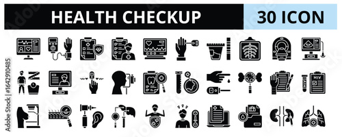 30 Health Checkup Glyph Icons Vector - ECG, Blood Test, Urine Test, Ultrasound, X Ray, CT Scan, Immunization