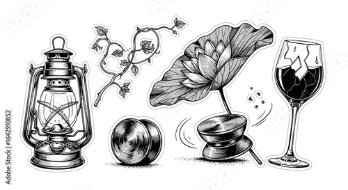 Vintage monochrome sketch collection with an oil lamp, lotus flower, yo-yo, and broken wine glass