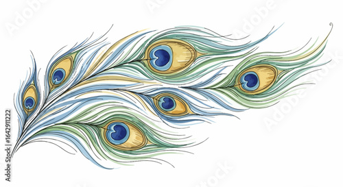 Elegant watercolor illustration of abstract peacock feathers with beautiful flowing lines