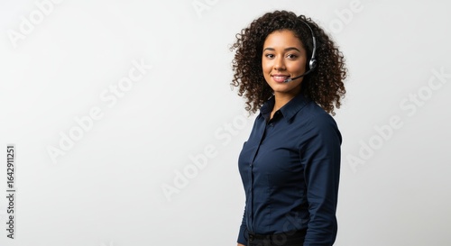 Smiling Customer Service Representative with Headset on White Background.