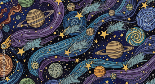 Celestial Doodle Vector Pattern of Planets, Shooting Stars, and Cosmic Swirls in Seamless Flow