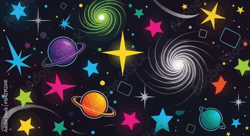 Vibrant Vector Cosmic Background with Stylized Stars, Planets, and Swirling Galaxies