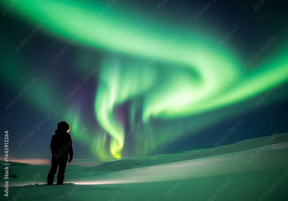Fototapeta premium Person watching vibrant green aurora borealis in the night sky