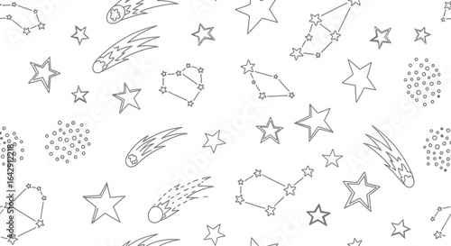 Hand-drawn vector doodle pattern of stars, constellations, and shooting comets on white.