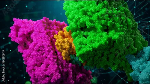 3D rendering of molecular docking simulation for new biotechnology. Bright colors, highly realistic graphics.