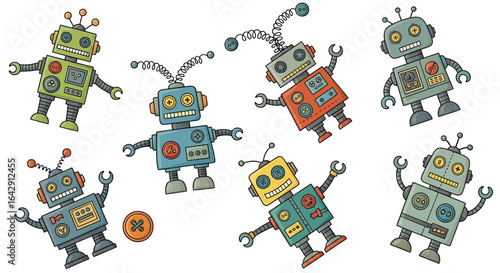 Playful doodle style vector robots featuring gears, buttons, and antennas on a clean white background.