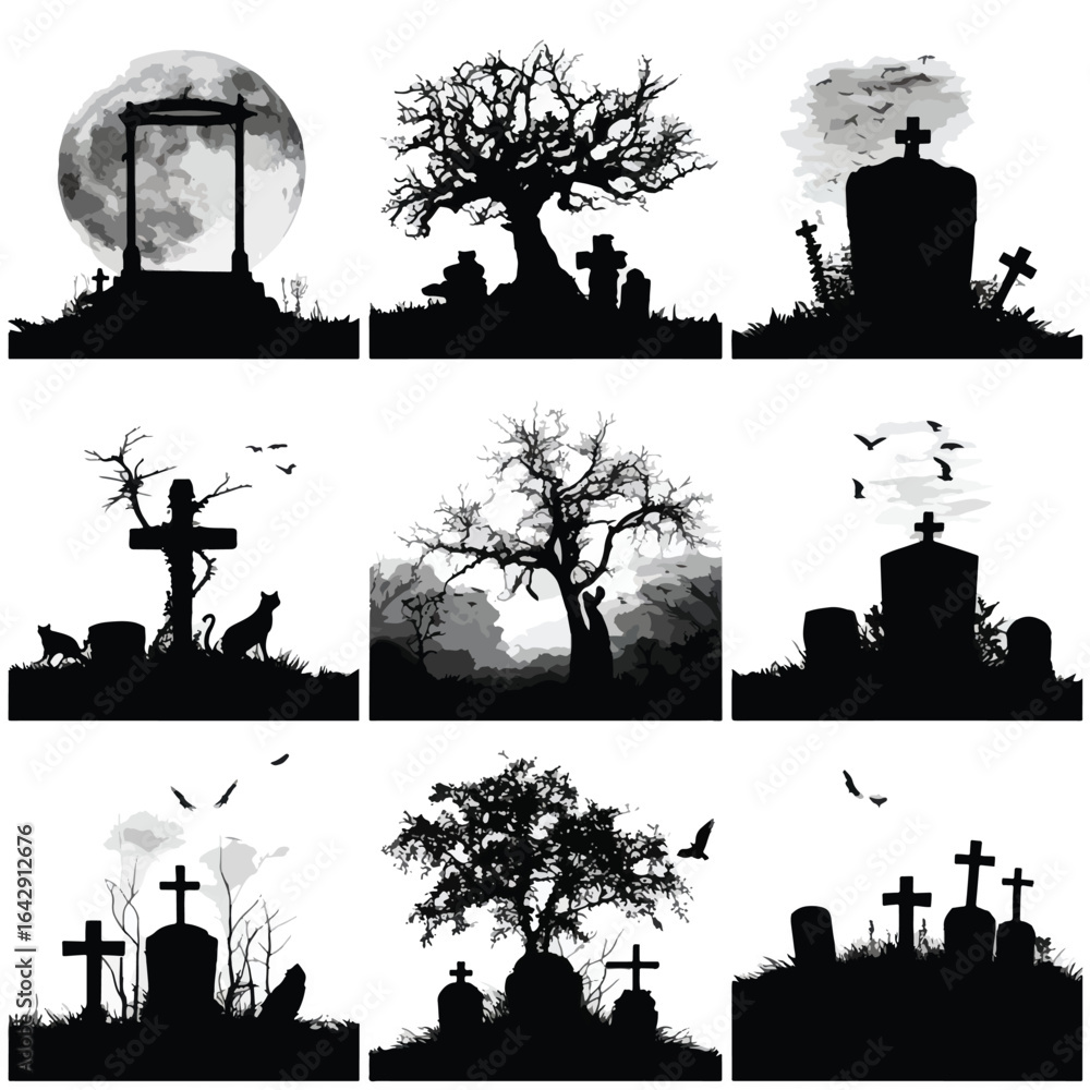 Fototapeta premium Vector silhouette set of Halloween Open Grave isolated in White background, silhouette Set, Halloween theme, Vector illustration