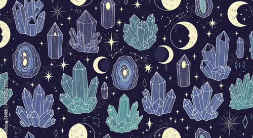Celestial Crystal Magic Pattern Mystical Gems, Shining Moons, and Sparkling Stars on Dark Background