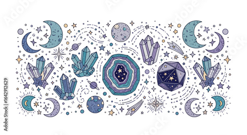 Esoteric doodle collection with celestial moons, magical crystals, and sparkling stars illustration