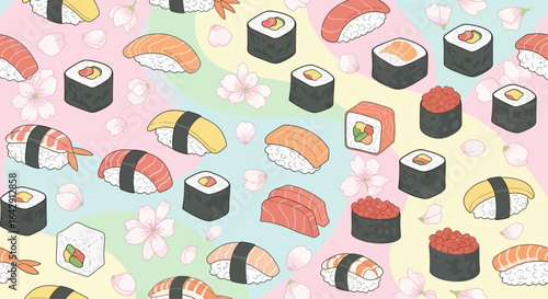 Sushi Delight A Seamless Vector Pattern Featuring Cherry Blossoms and Delicious Japanese Cuisine