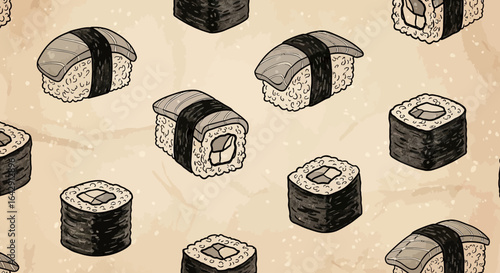 Hand-drawn sushi pattern with maki and nigiri on a vintage parchment texture background