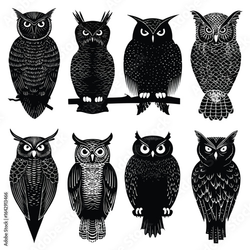 Vector silhouette set of Halloween Owl isolated in White background, silhouette Set, Halloween theme, Vector illustration 