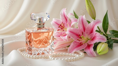 Elegant perfume bottle with pink lilies and pearls
