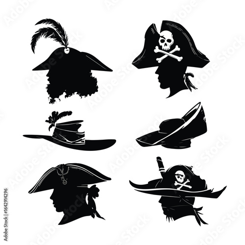 Vector silhouette set of Halloween Pirate Hat isolated in White background, silhouette Set, Halloween theme, Vector illustration 
