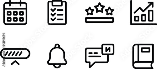Black Outline Icon Set Calendar, Clipboard, Stars, Graph, WiFi, Bell, Chat, Book