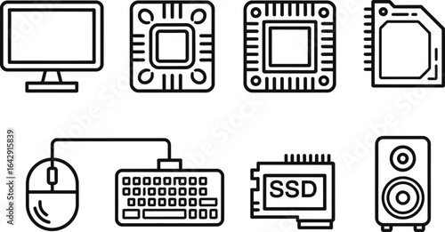 Computer Components Icon Set with Monitor, Mouse, Keyboard, CPU, SSD, Speaker in Line Art