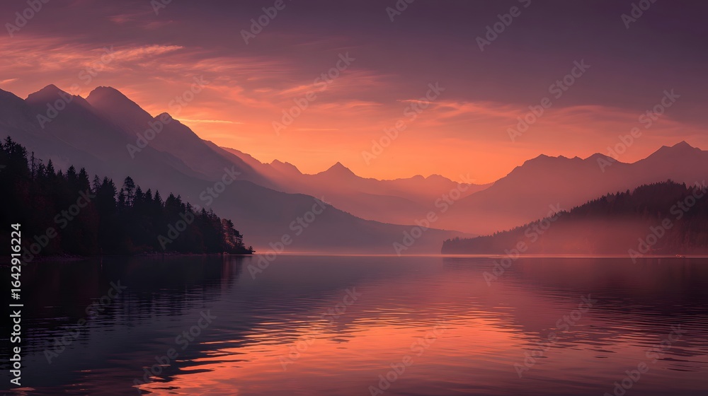 Fototapeta premium Serene lake landscape at sunset with mountain views nature photography scenic peaceful background wallpaper