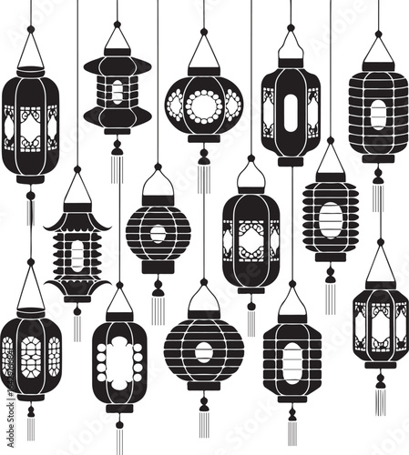 Elegant Black and White Lantern Illustration Featuring Traditional Asian Paper Lantern Designs Hanging from Above