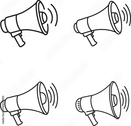 Four simple hand drawn megaphone icons with sound waves illustration