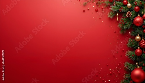 Red Holiday Background with Christmas Tree Decor and Space for Text