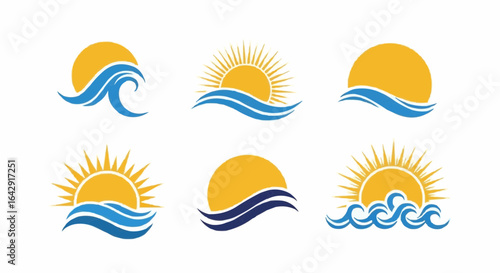Sun and Blue Waves Set. Liquid shape elements stock illustration...