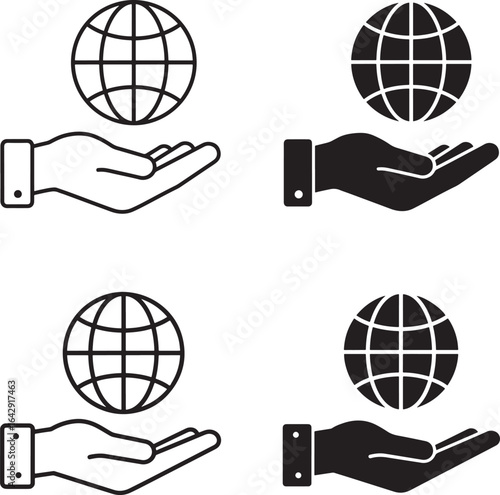 Hands Holding Globe Icon Set Representing Global Reach and Responsibility