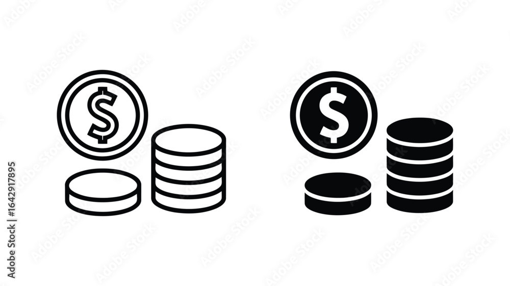 Dollar Coin Stacks: Line Art and Solid Icon Set for Finance, Banking, and Business Concepts. Dollar Coin Stacks: Line Art and Solid Icon Set for Finance, Banking, and Business Concepts.