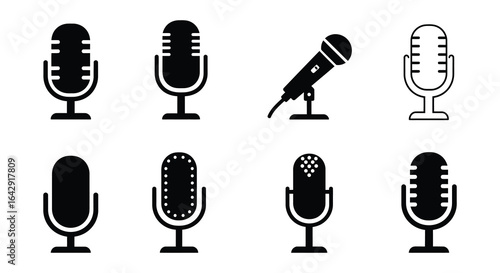 Collection of microphone icons in various styles for podcasting and broadcasting