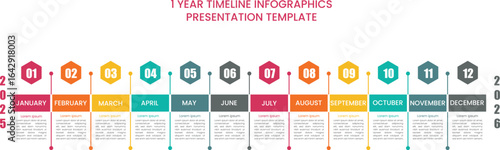 Year planner, 12 months, 1 year, Timeline infographics design vector and Presentation business can be used for Business concept with 12 options, steps or processes.