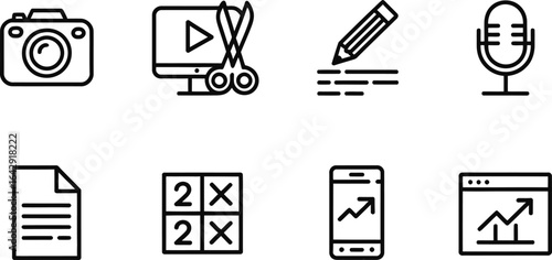 Flat Line Business Icon Set with Camera, Video Editing, Pencil, Mic, Document, Stats