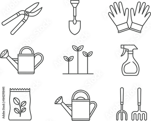 Gardening Tools Line Icons Set Pruning Shears, Shovel, Gloves, Watering Can, Seed, Rake