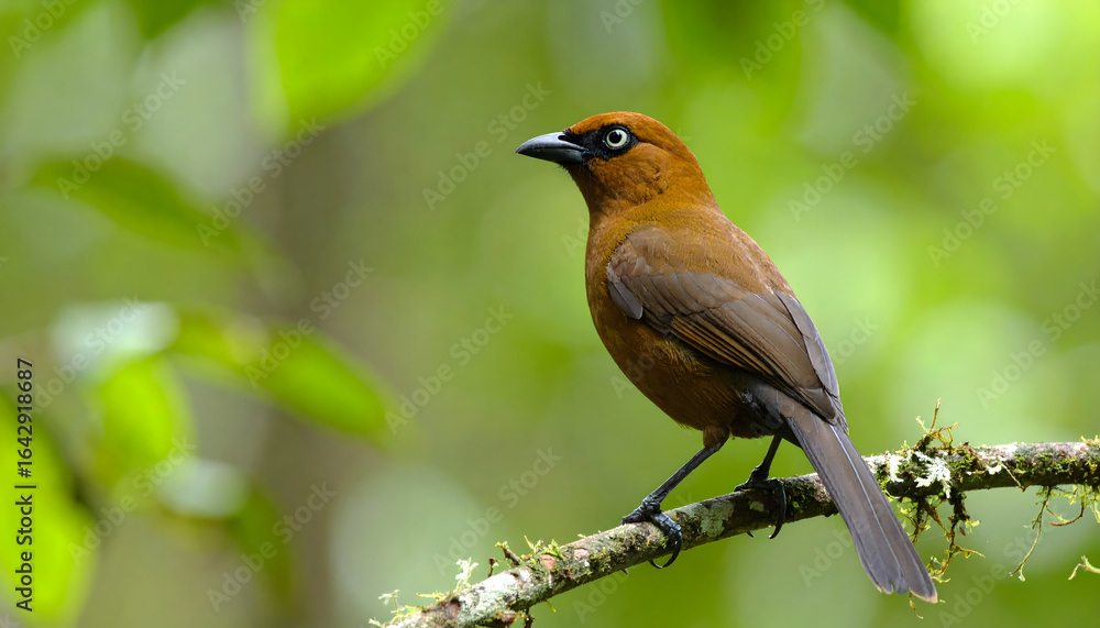 Fototapeta premium Black and Brown Bird Perched on a Branch in a Lush Forest