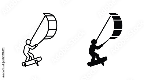 Kiteboarding Icon:  Line Art and Silhouette Illustrations of a Person Kite Surfing, Dynamic Action Pose,  Water Sports Graphic.