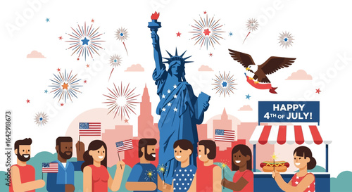 Joyful crowd celebrates Fourth of July with fireworks, Statue of Liberty, and American flags