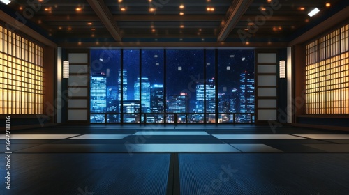 Empty japanese style training room night city view