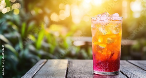 Vibrant Pink and Orange Soda with Ice in Tall Glass on Wooden Table, Blurred Cafe Background, Space for Text or Product