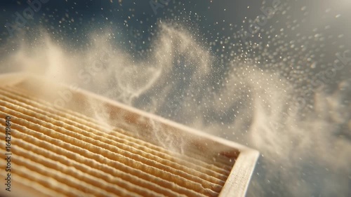 Air conditioner filter releasing dust particles highlights importance of home air conditioner care for clean indoor air and efficient cooling