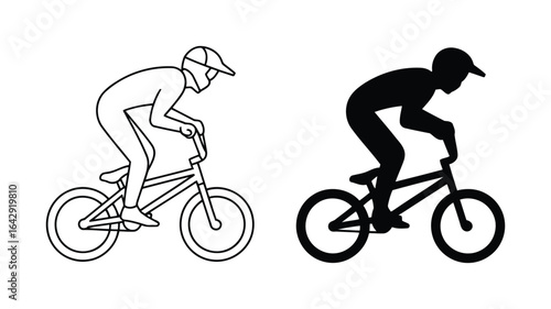 BMX Rider Line Art and Silhouette: Action Sports Vector Illustration, Dynamic Pose,  Clean Style,  Energetic Mood,  Perfect for Web and Print.