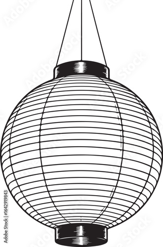 Monochromatic Illustration of a Traditional Japanese Lantern Featuring Intricate Line Work and Hanging Cord Design with a Classic Aesthetic