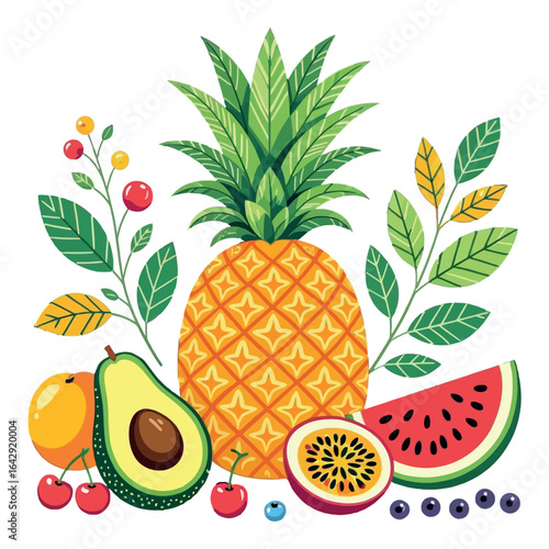 Pineapple fruits vector with avocado, watermelon juice tropical fruits isolated on white background.
