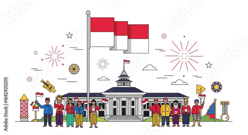 Vibrant Indonesian Independence Day celebration with diverse people and national flag at government building