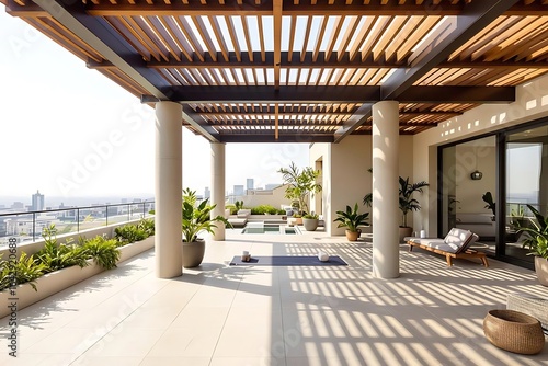 Luxury modern terrace with city view and pergola