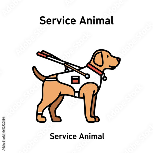 A cartoon illustration of a service dog wearing a vest and harness, ready to assist.