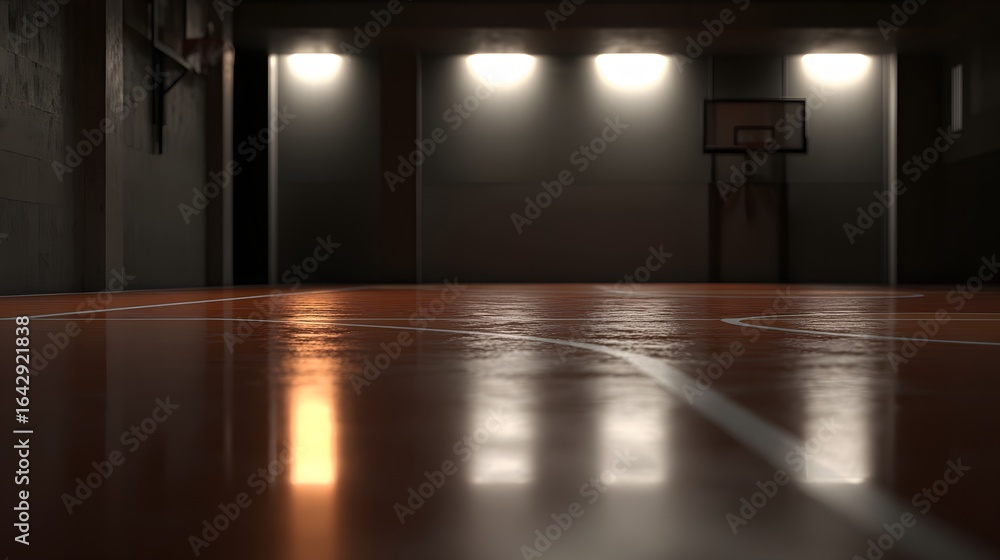 Fototapeta premium Interior view of a dimly lit basketball court.