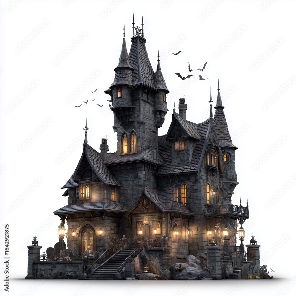 Obraz premium Spooky haunted mansion with bats at night