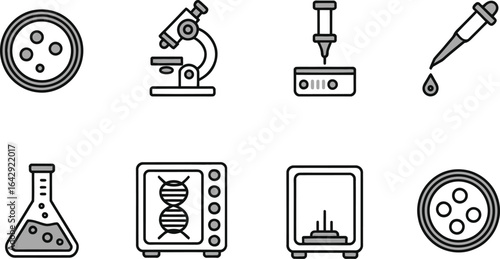 Medical Research Equipment Icons Set Microscope, Petri Dish, Pipette, Flask, Incubator