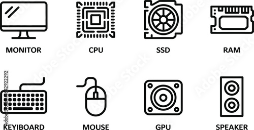 Modern Line Icons Collection of Computer Components With Transparent Background